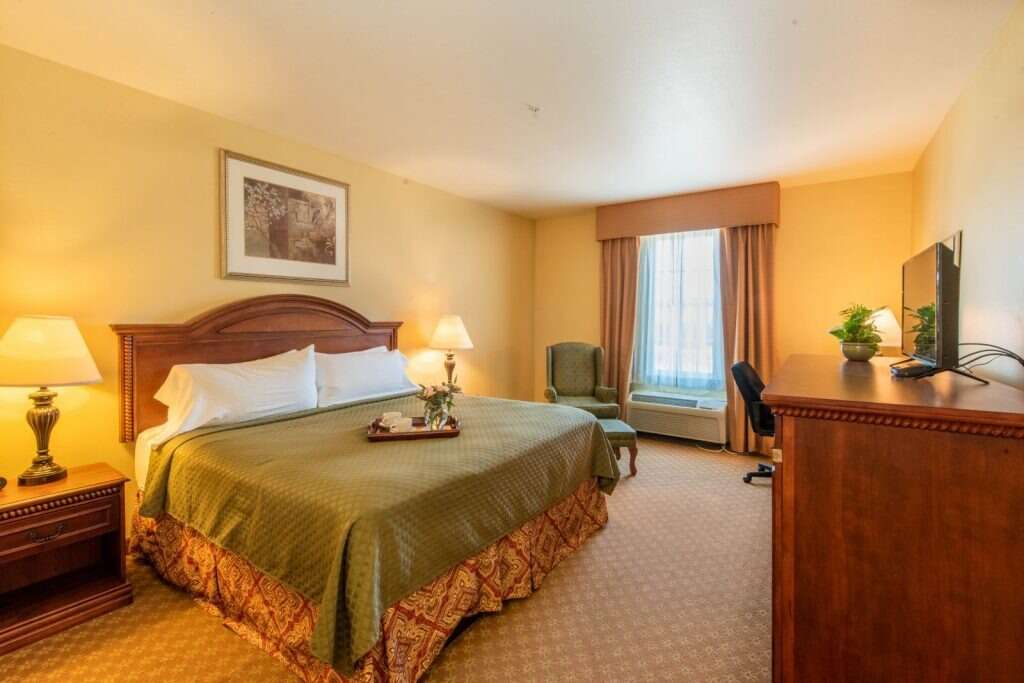 Hotel room with a king-sized bed, wooden furniture, lamp, window with curtains, and a TV.